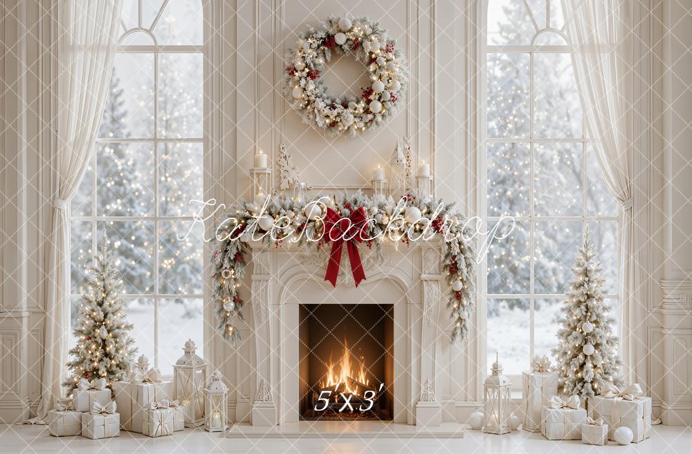 Kate Christmas Fireplace Wreath Trees Window Presents White Printed Backdrop Designed by Emetselch