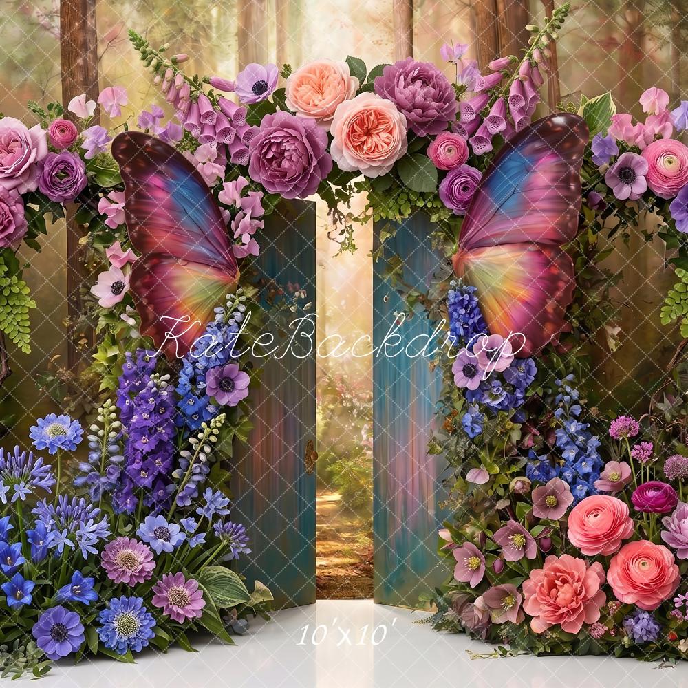 Kate Fantasy Enchanted Butterfly Gate Flower Forest Printed Backdrop Designed by Angela Miller