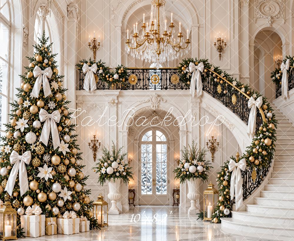 Kate Christmas Tree White Bow Grand Staircase Luxury Mansion Printed Backdrop Designed by Emetselch