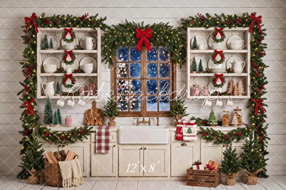 Kate Christmas Kitchen Farmhouse Window Garland White Printed Backdrop Designed by Patty Roberts