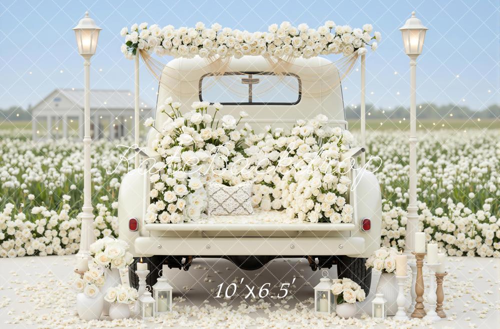 Kate Spring Wedding White Truck Flower Arch Lanterns Flowers Backdrop Designed by Mini MakeBelieve