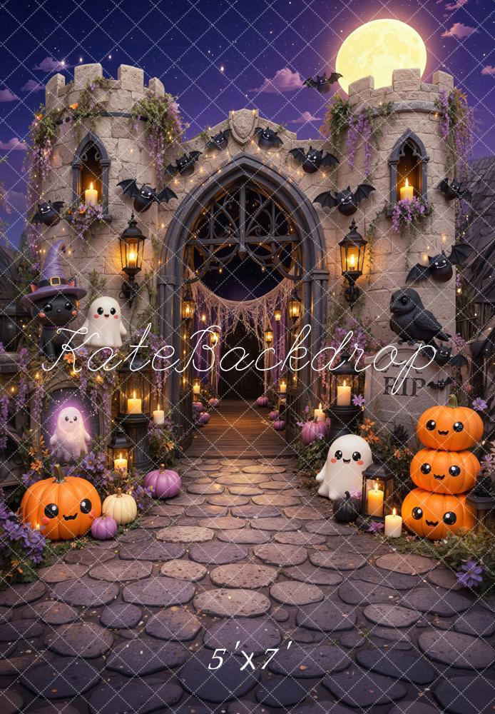 Kate Halloween Trunk or Treat Cute Castle Ghosts Pumpkins Bats Printed Backdrop Designed by Mini MakeBelieve