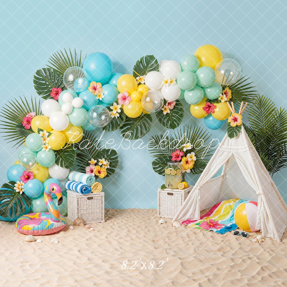 Kate Cake Smash Balloon Arch Flamingo Tent Beach Scene Backdrop Designed by Emetselch