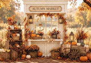 Kate Fall Market Pumpkins Crates Wagon Lanterns Leaves Forest Printed Backdrop Designed by Emetselch