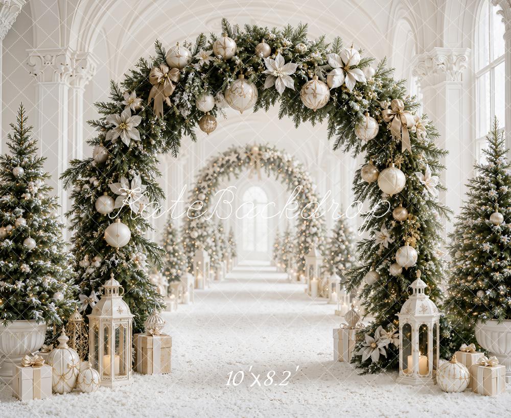 Kate Christmas Flower Archway White Gold Trees Lanterns Columns Printed Backdrop Designed by Emetselch