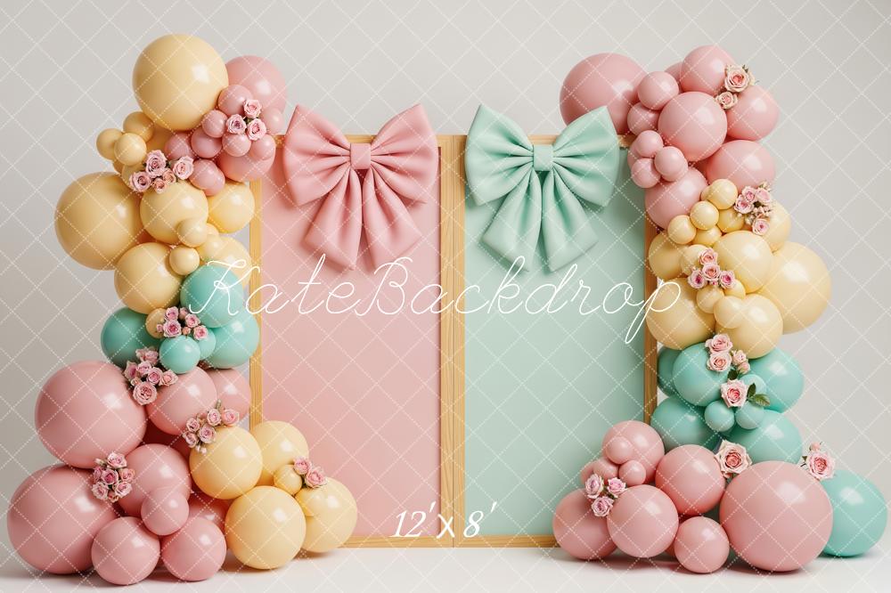 Kate Cake Smash Pastel Balloon Arch Flowers Bows Printed Backdrop Designed by Patty Roberts