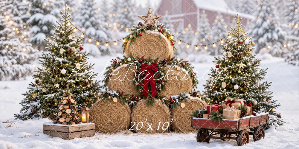 Kate Christmas Hay Bale Tree Snowy Gift Wagon String Lights Printed Backdrop Designed by Emetselch
