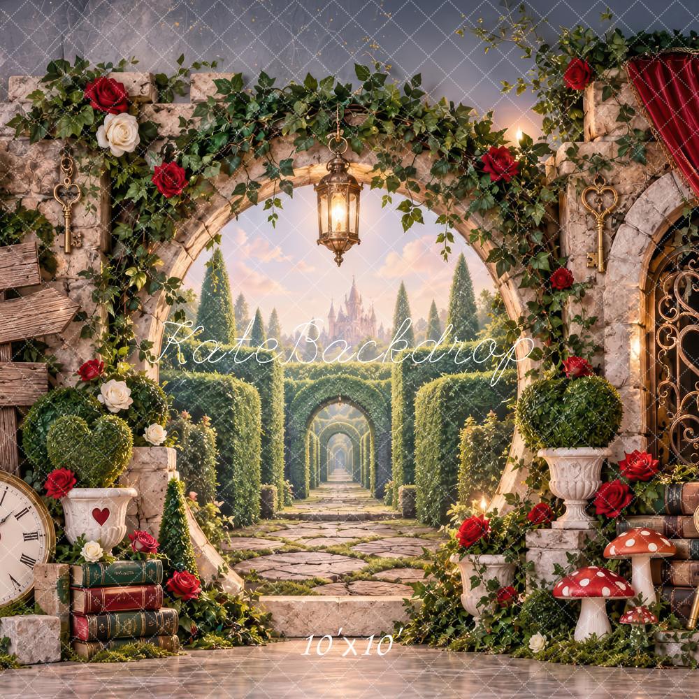 Kate Fantasy Garden Magical Labyrinth Stone Arch Red Curtain Printed Backdrop Designed by Laura Bybee