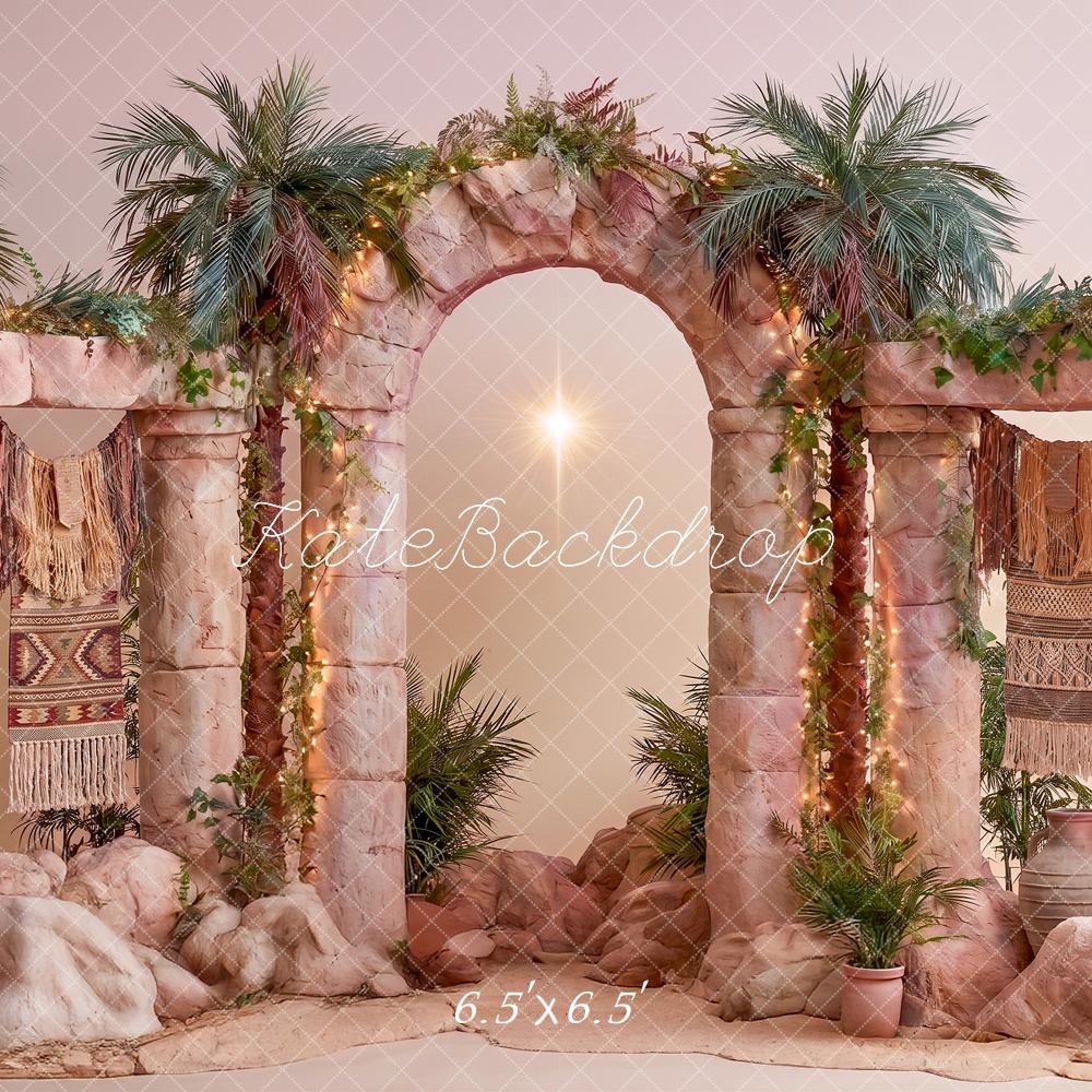 Kate VBS Stage Stone Arch Palms Star Pink Printed Backdrop Designed by Angela Miller