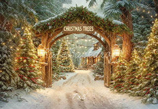 Kate Christmas Tree Arch Snowy Forest Pathway Cabin Printed Backdrop Designed by Emetselch