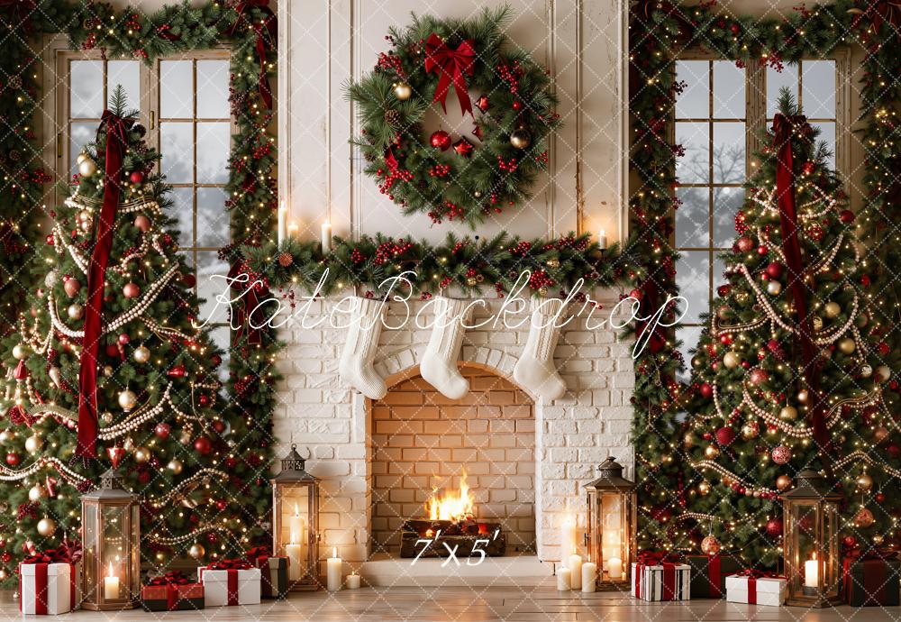 Kate Christmas Fireplace Christmas Trees Wreath Garland Pearl Red Ribbon Printed Backdrop Designed by Emetselch