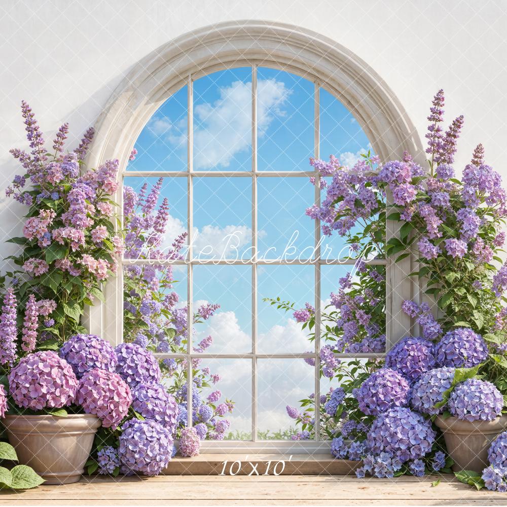 Kate Spring Purple Flower Arched Window Sky Backdrop Designed by Emetselch