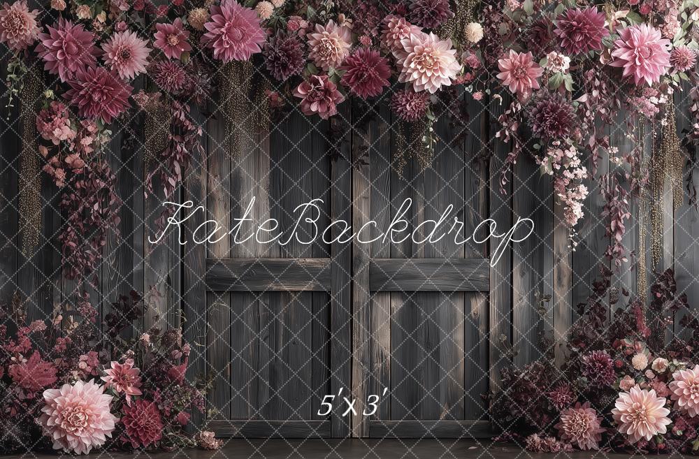 Kate Vintage Pink Flower Arch Dark Wood Doors Portrait Printed Backdrop Designed by Angela Miller