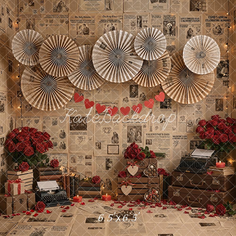 Kate Valentine's Day Vintage Newspaper Roses Typewriters Books Paper Fans Backdrop Designed by Emetselch