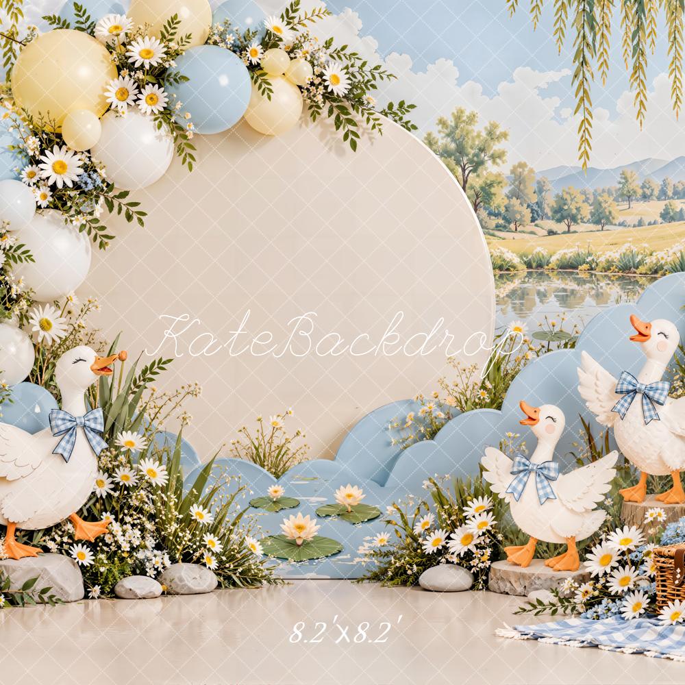 Kate Cake Smash Spring Goose Daisy Balloon Lakeside Picnic Printed Backdrop Designed by Emetselch