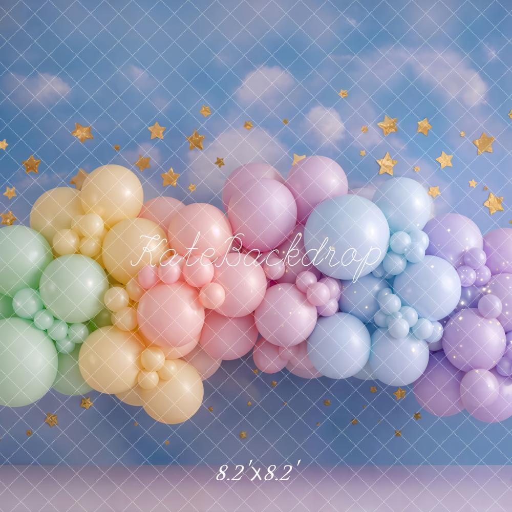 Kate Cake Smash Pastel Rainbow Balloon Garland Sky Stars Printed Backdrop Designed by Emetselch