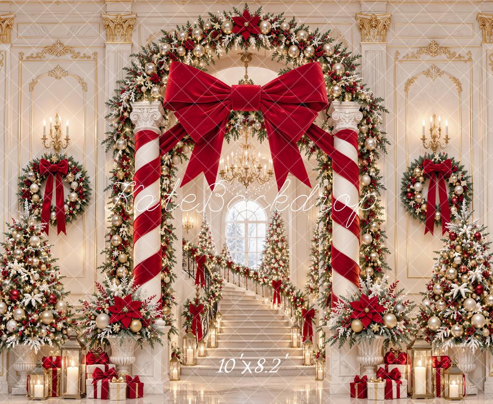 Kate Christmas Red Bow Candy Cane Arch Staircase Printed Backdrop Designed by Emetselch