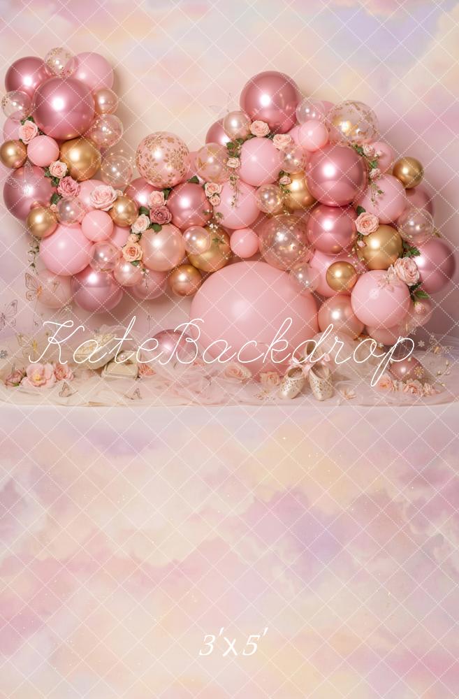 Kate Cake Smash Pink Balloon Garland Roses Pastel Printed Backdrop Designed by Emetselch
