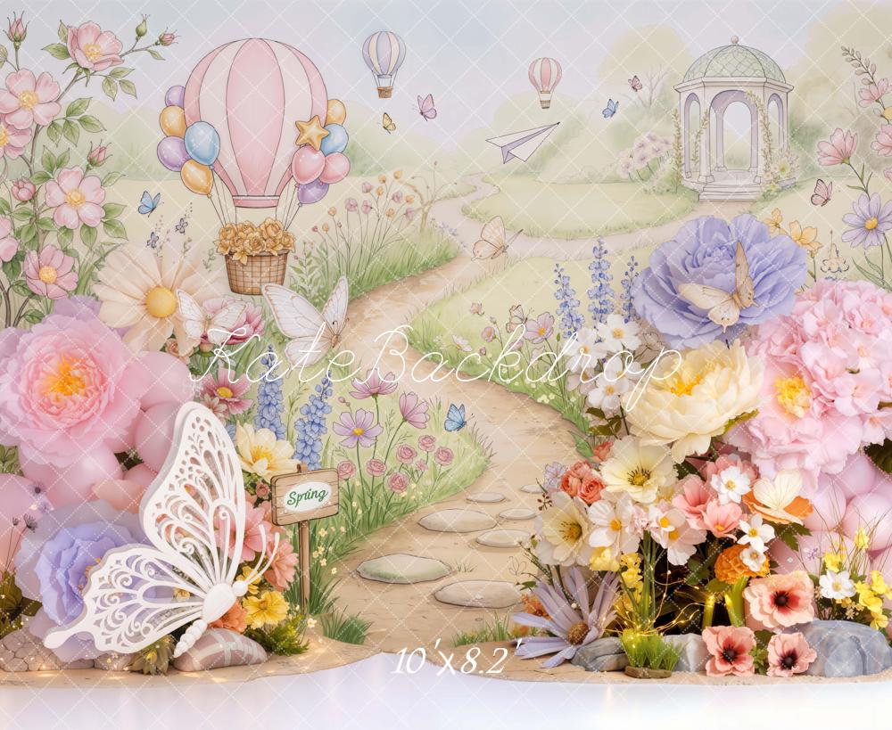 Kate Spring Butterfly Hot Air Balloon Floral Pathway Printed Backdrop Designed by Emetselch
