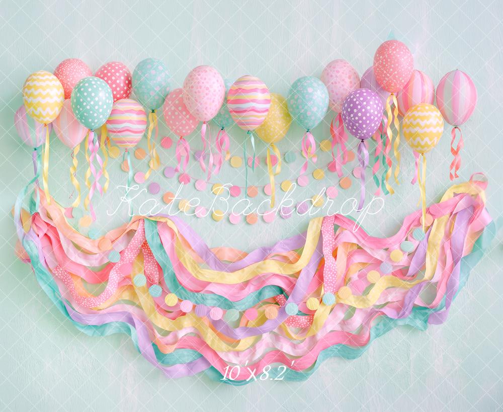 Kate Birthday Party Kids Pastel Balloons Streamers Printed Backdrop Designed by Angela Miller