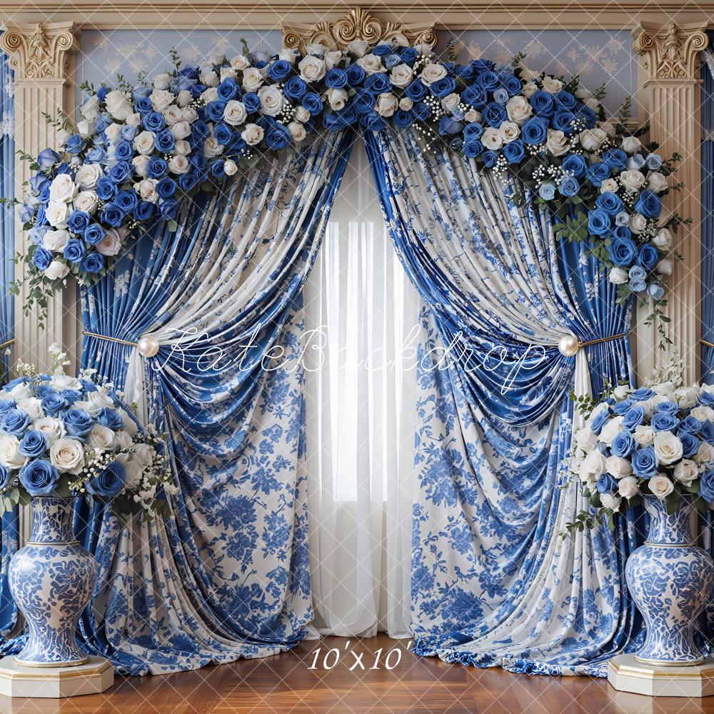 Kate Spring Blue Flower Arch with Floral Drapes and Vases Backdrop Designed by Mini MakeBelieve