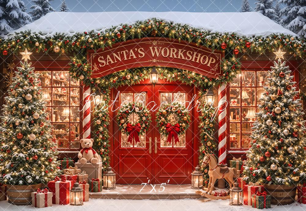 Kate Christmas Santa's Workshop Red Door Trees Presents Printed Backdrop Designed by Emetselch