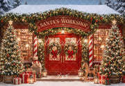 Kate Christmas Santa's Workshop Red Door Trees Presents Printed Backdrop Designed by Emetselch