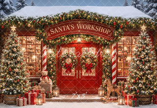 Kate Christmas Santa's Workshop Red Door Trees Presents Printed Backdrop Designed by Emetselch