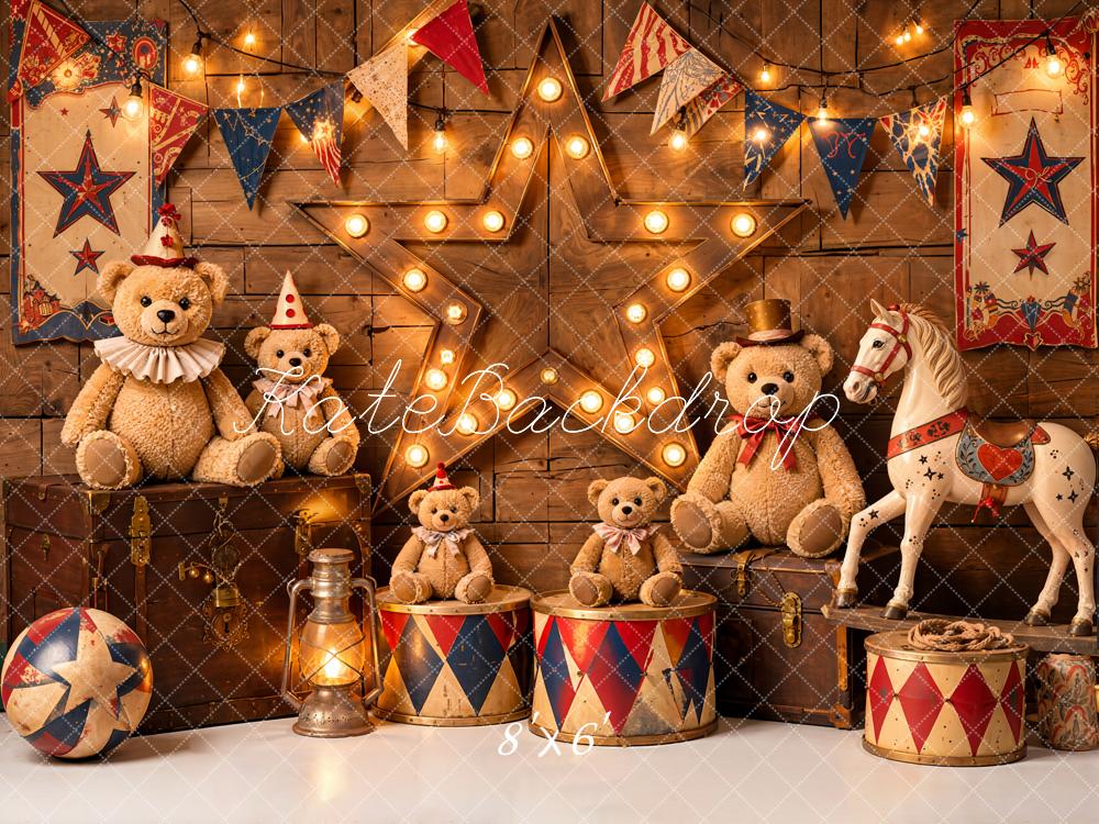 Kate Circus Teddy Bears Rocking Horse Carousel Wood Printed Backdrop Designed by Emetselch