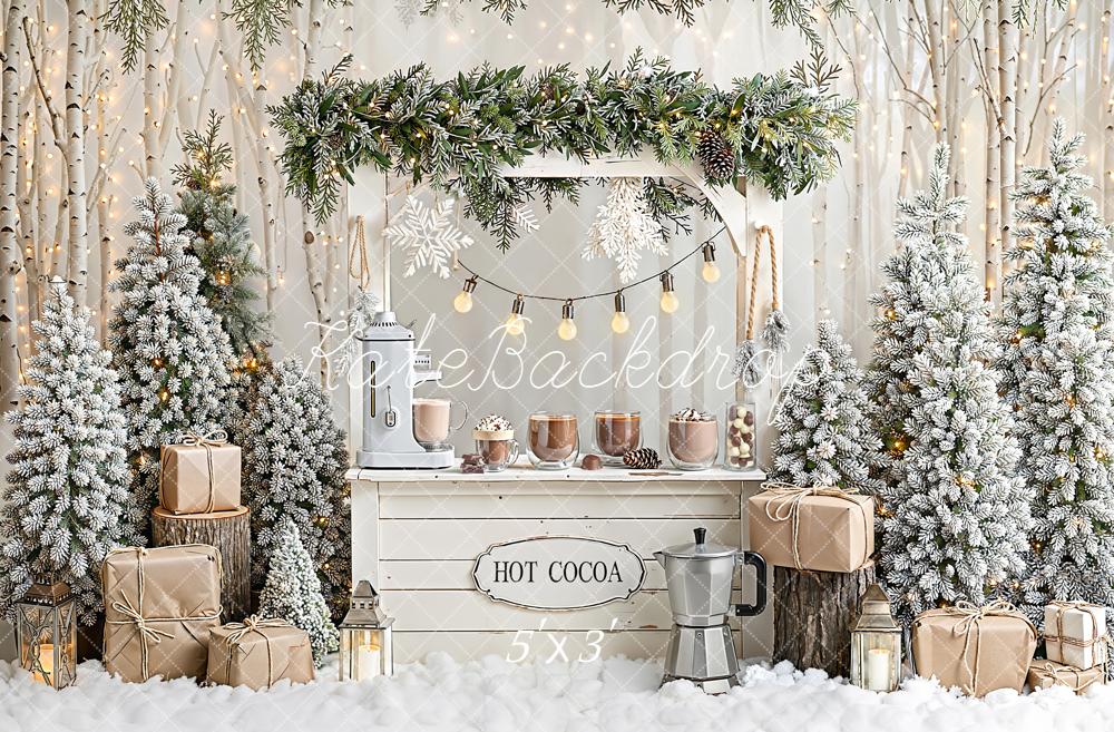 Kate Christmas Hot Cocoa Stand Snowy Trees Gifts Rustic Backdrop Designed by Emetselch