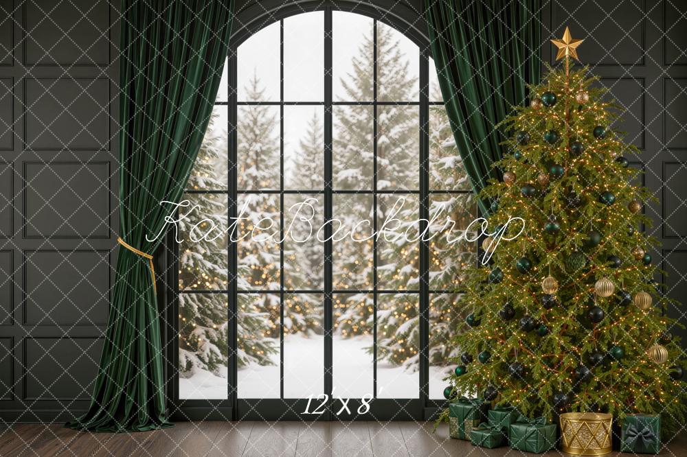 Kate Christmas Tree Window Green Curtains Printed Backdrop Designed by Mini MakeBelieve