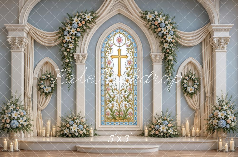 Kate Christian Church Sanctuary Stained Glass Cross Floral Printed Backdrop Designed by Ashley Ward