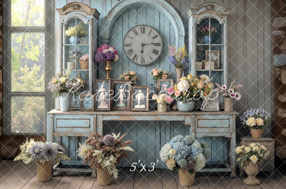 Kate Spring Vintage Blue Cabinet Clock Floral Backdrop Designed by Mini MakeBelieve