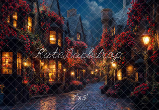 Kate Romantic Floral Village Night Printed Backdrop Designed by Emetselch