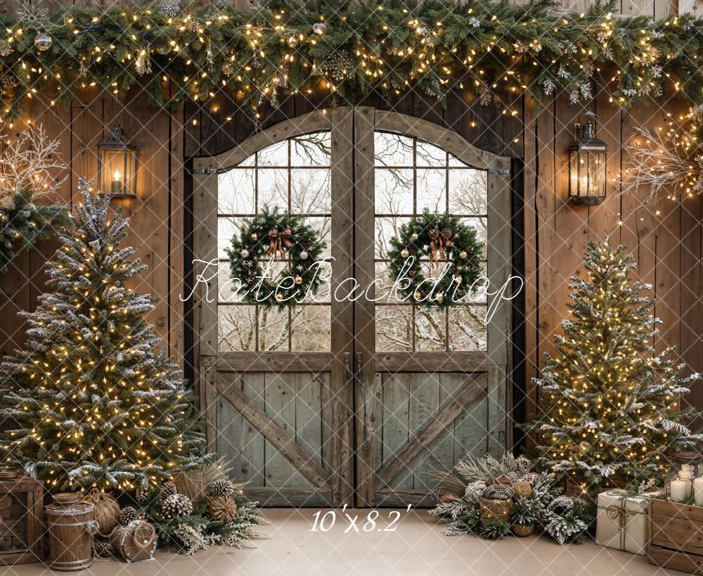 Kate Christmas Rustic Barn Doors Trees Wreaths Backdrop Designed by Emetselch