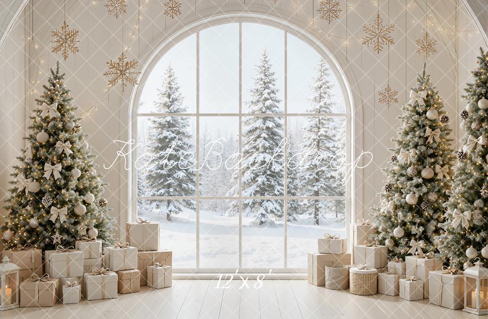 Kate Christmas Trees Snowy Arched Window Snowflakes Presents Printed Backdrop Designed by Emetselch