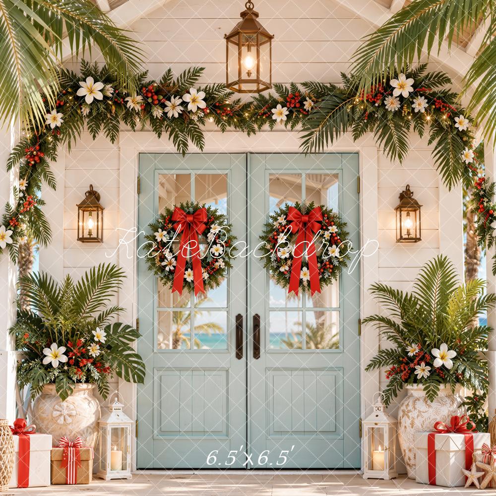 Kate Christmas Tropical Floral Doorway Palm Leaves Printed Backdrop Designed by Emetselch