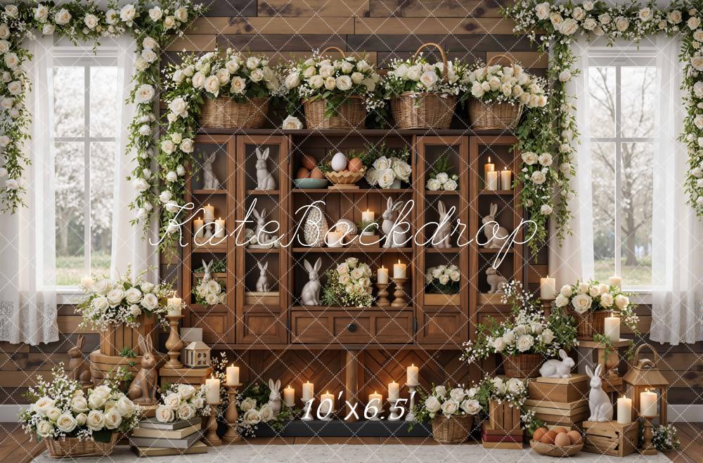 Kate Easter Bunny Wooden Cabinet Flowers Candles Backdrop Designed by Mini MakeBelieve