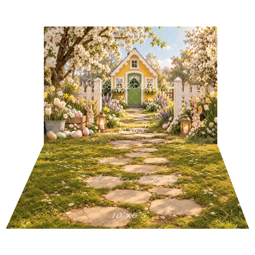 Kate Easter Yellow Cottage Garden Cherry Blossoms Bunny Printed Backdrop+Green Daisy Meadow Stone Path Floor Printed Backdrop