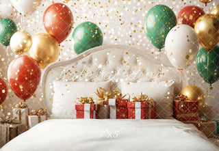 Kate Christmas Headboard Balloons Gift Boxes White Printed Backdrop Designed by Emetselch