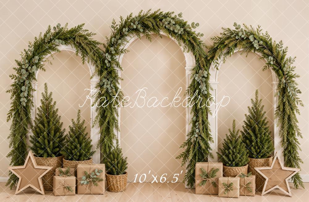 Kate Christmas Greenery Arches Gift Boxes Beige Printed Backdrop Designed by Emetselch