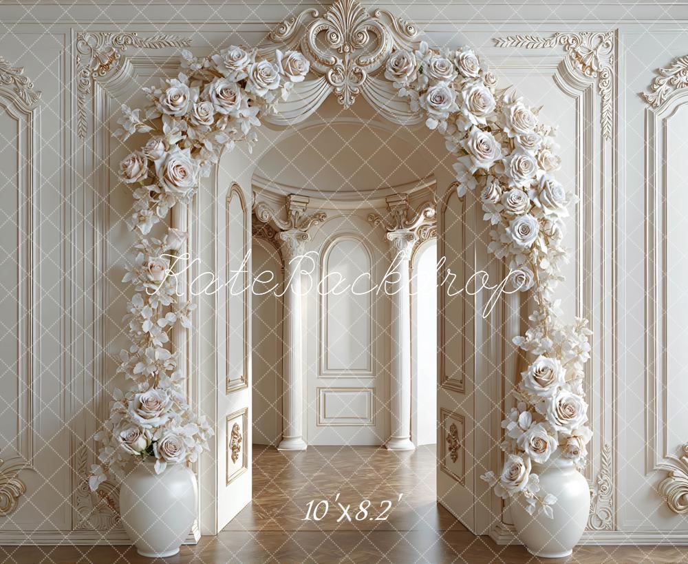 Kate Flower Arch Cream Roses Ornate Wall Printed Backdrop Designed by Mini MakeBelieve