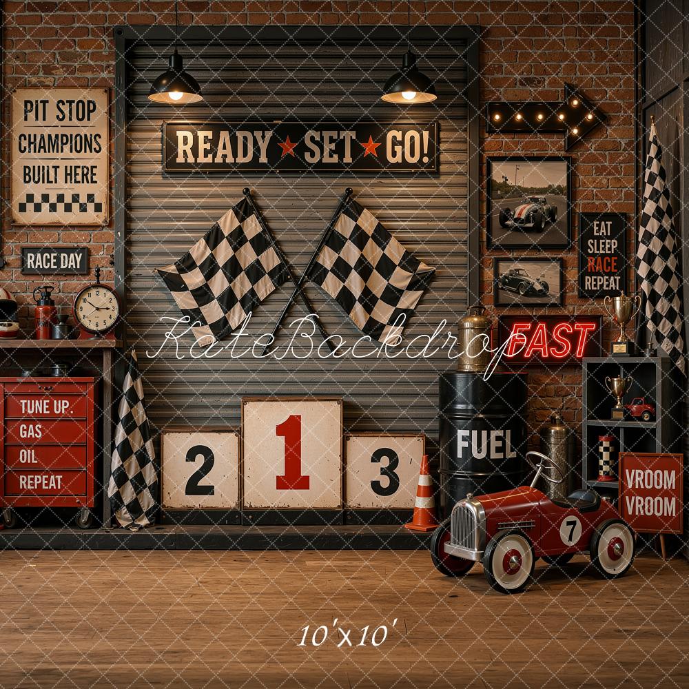 Kate Vintage Racing Garage Vintage Pedal Car Checkered Flags Printed Backdrop Designed by Shutter Swan Studios