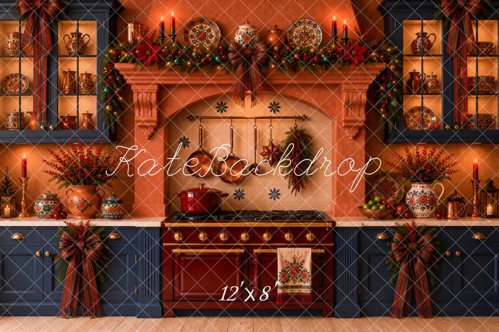 Kate Christmas Navidad Mexican Rustic Kitchen Stove Garland Bow Printed Backdrop Designed by Ashley Ward