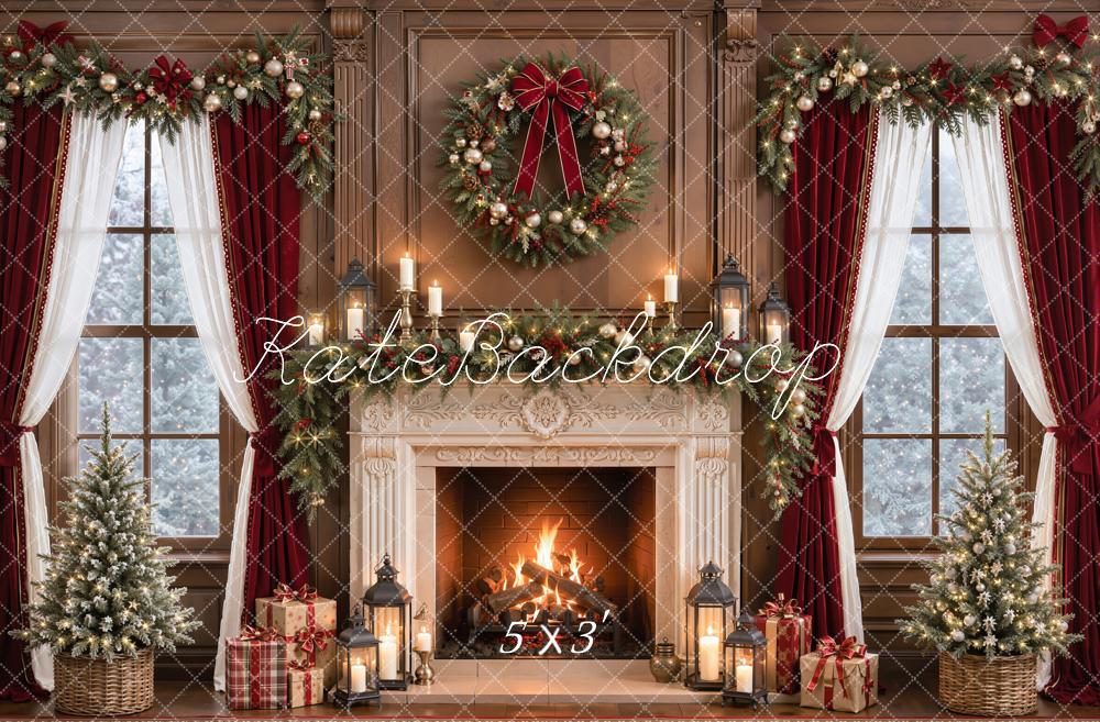 Kate Christmas Fireplace Garland Wreath Vintage Windows Printed Backdrop Designed by Emetselch