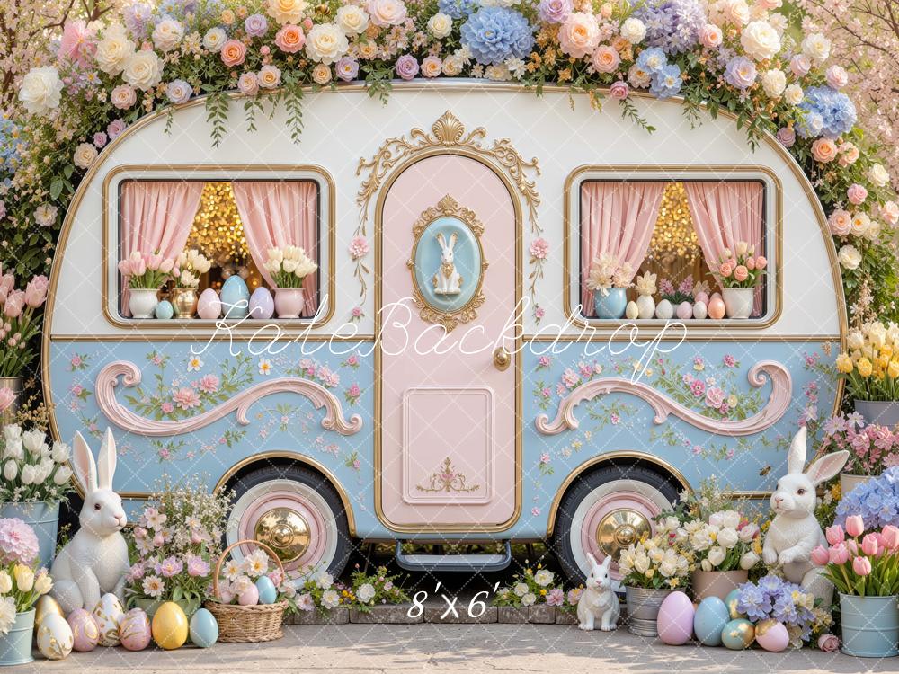 Kate Easter Camper Bunny Flower Arch Printed Backdrop Designed by Mini MakeBelieve
