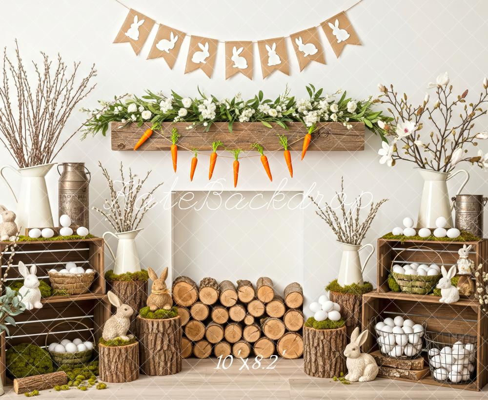 Kate Easter Bunny Rustic Carrots White Eggs Floral Fireplace Backdrop Designed by Patty Roberts