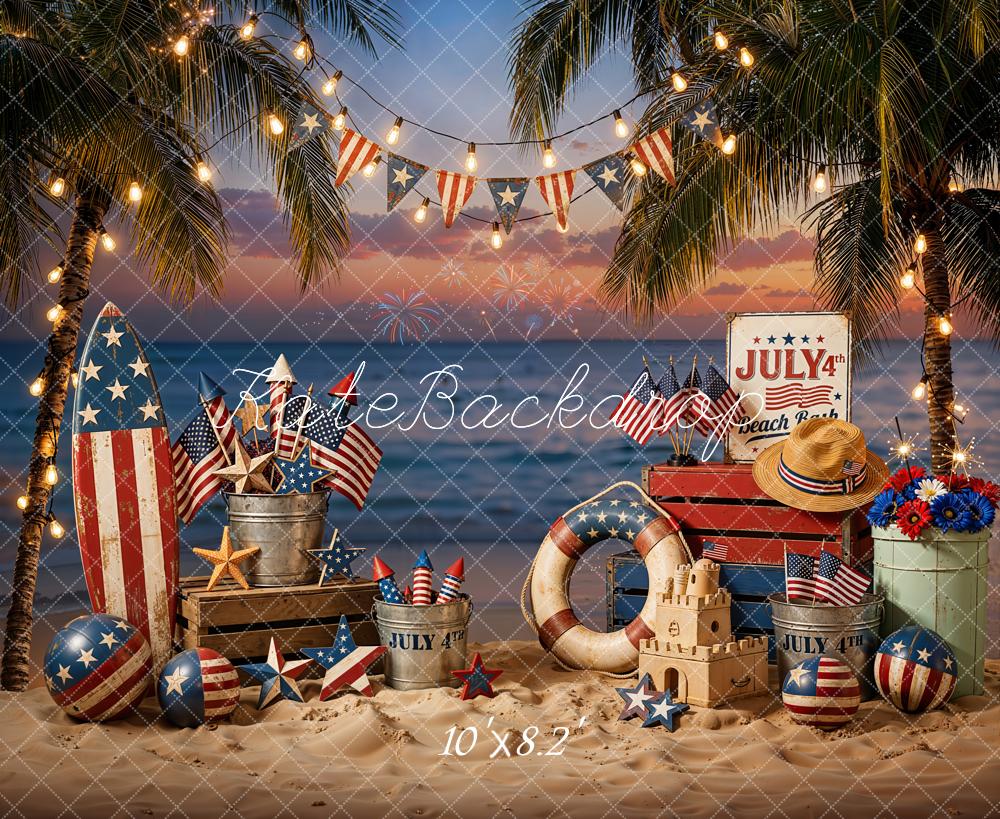 Kate 4th Of July Beach Surfboard Palm Trees Flags Fireworks Printed Backdrop Designed by Emetselch