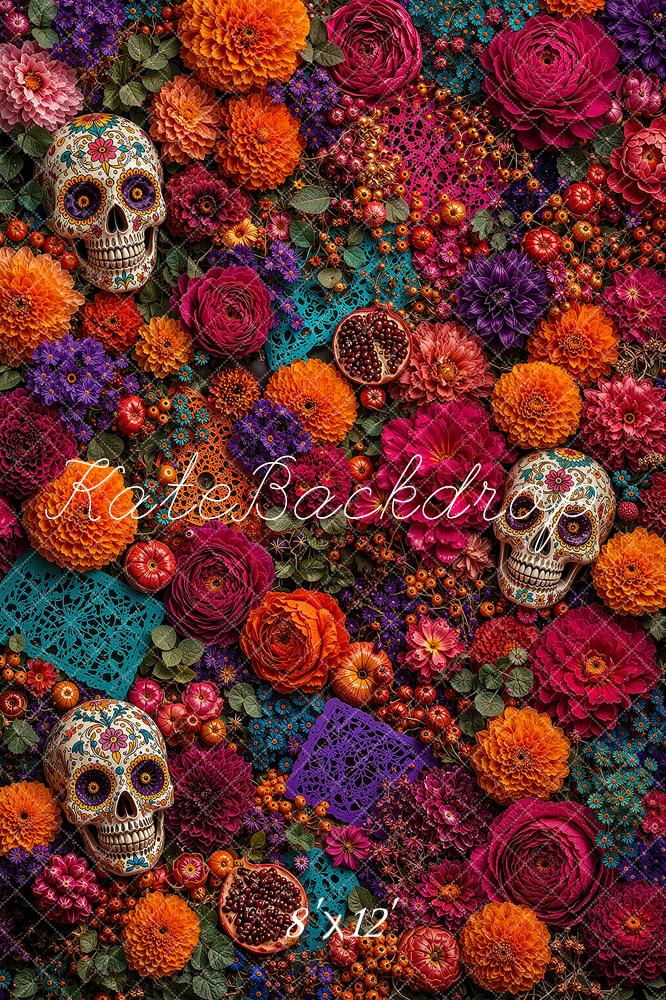 Kate Day of the Dead Sugar Skull Floral Marigold Printed Backdrop Designed by Ashley Ward