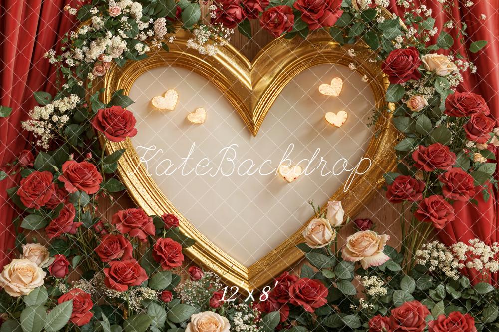 Kate Valentine's Day Heart Frame Red Roses Gold Floral Backdrop Designed by Emetselch